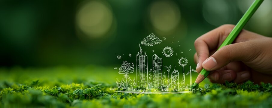 Hand drawing eco city on green foliage, concept for sustainable development, environmental awareness and future planning