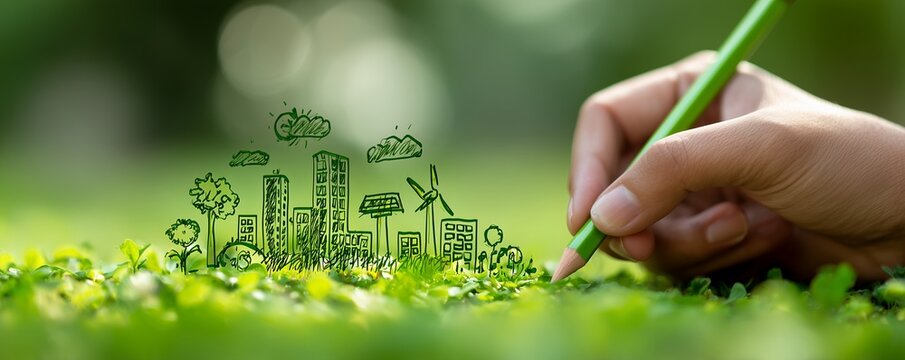 Hand drawing green city sketch on grass with renewable energy sources. Concept for sustainable living, eco-friendly solutions and environmental awareness