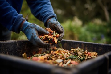Gloved hands holding compost over bin filled with organic waste and food scraps. Concept for sustainable living, gardening and waste reduction