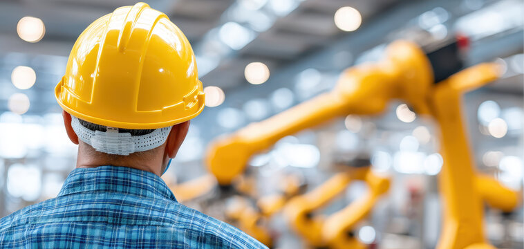 Worker in yellow hard hat observes industrial environment filled with advanced machinery and robotic arms, showcasing modern workforce in factory setting
