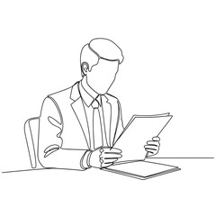 Continuous line drawing of a businessman reading a document isolated on concept of work, job, and business