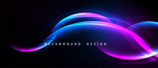 Abstract neon lines create dynamic flow. Vibrant blue, purple hues contrast dark background. Modern design element.