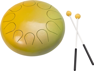Angled metal tongue drum with paired mallets beside it on transparent background. Concept of ritual sound tools, calming tonal vibration, mindful music experience.