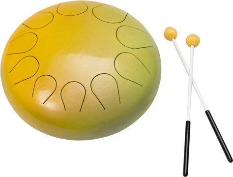 Angled metal tongue drum with paired mallets beside it on transparent background. Concept of ritual sound tools, calming tonal vibration, mindful music experience.