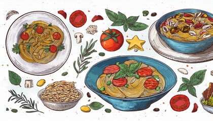 A colorful hand-drawn illustration of Italian pasta dishes, including spaghetti, fresh tomatoes, basil leaves, and various herbs and ingredients, creating a whimsical and lively summer dinner scene.