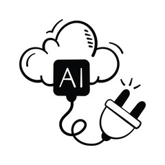 Cloud system powered with artificial intelligence connection, trendy doodle icon