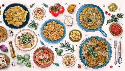 A whimsical hand-drawn illustration of various Italian pasta dishes arranged on a Mediterranean-style dinner table, with fresh ingredients like tomatoes, garlic, and herbs surrounding the plates.