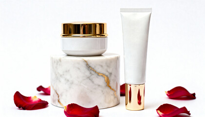 Skincare product mockup composition with white cosmetic jar and tube on a marble pedestal with rose petals on white background, beauty branding minimal product display.