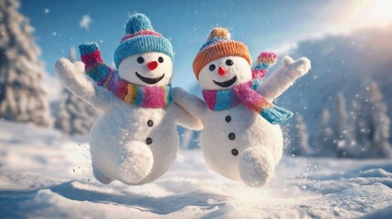 Energetic snowman couple jumping in a snowy winter Christmas landscape