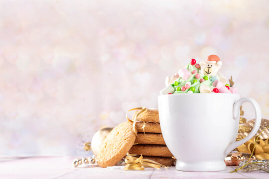 Festive tasty Christmas hot chocolate with holiday decorations