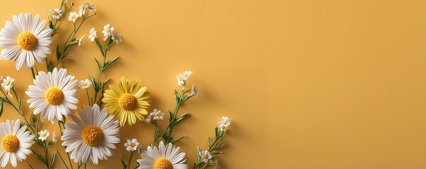 White and yellow daisies arrangement on mustard background with a clean aesthetic, concept for spring designs, floral arrangements and decorative backgrounds