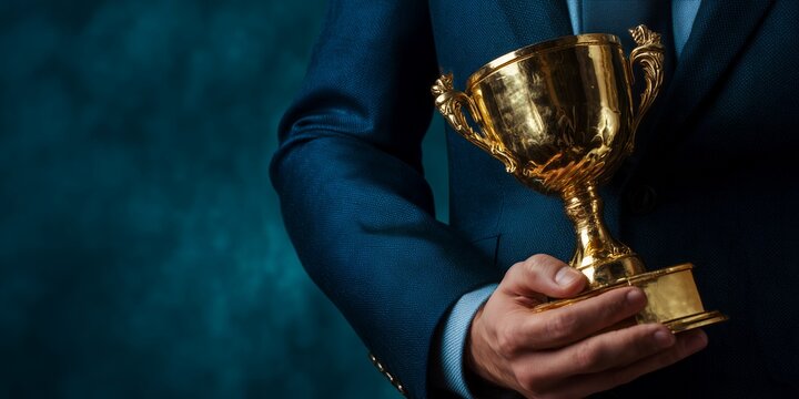Close-up of a business person holding a golden trophy against a dark green background, concept for championship celebration, leadership achievement and award presentation