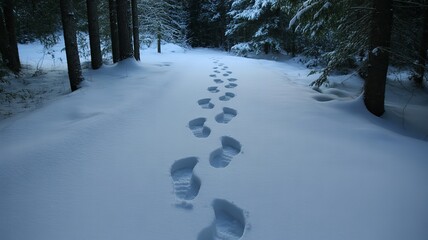 Footprints in Snow: A Serene Winter Forest Path Beckons with Peaceful Quietude.