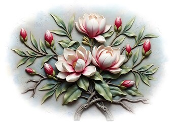 Delicate embossed floral arrangement featuring soft pink blossoms and budding flowers