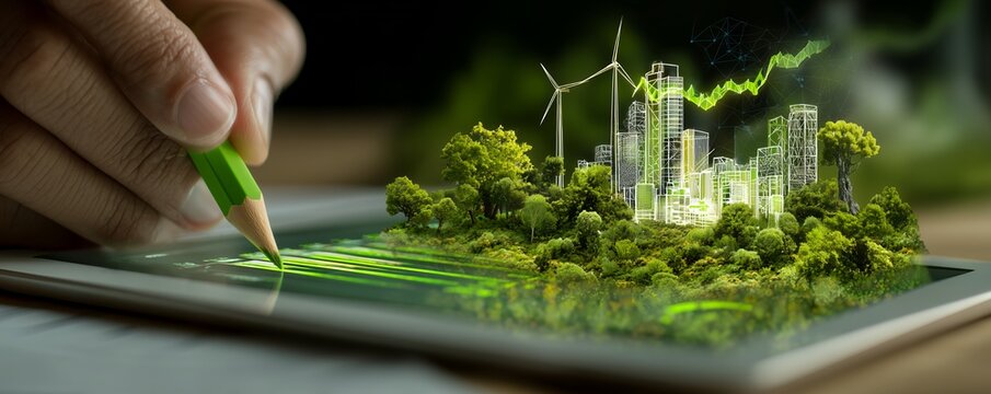 Close-up of green pencil drawing eco city on tablet screen with wind turbines and nature, concept for sustainable development, ecological innovation and green business ventures