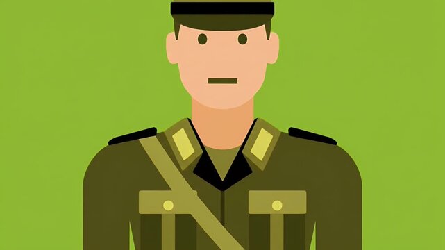 Animated soldier character in uniform standing at attention against a solid green background