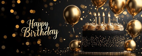 Elegant Golden Birthday. A luxurious gold and black theme with a sparkling birthday cake, golden balloons.