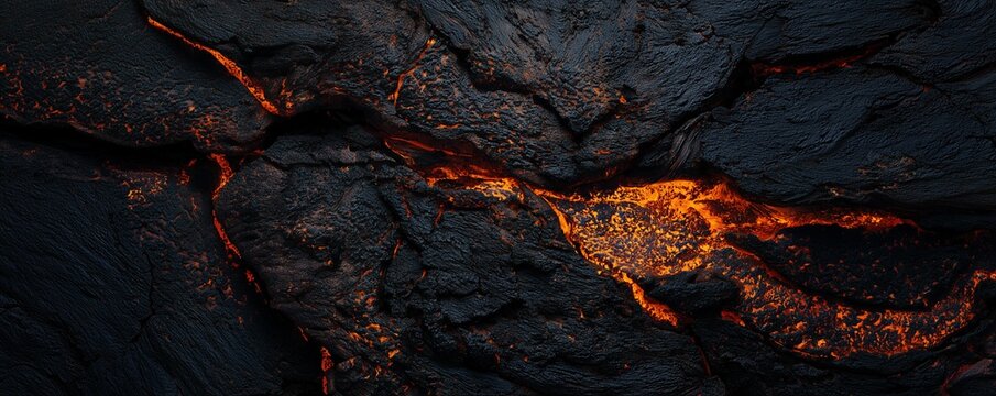 Detailed view of flowing lava on dark volcanic rock formations, concept for geological studies, earth science presentations and volcanic activity visualization