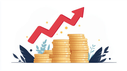 Red arrow pointing upwards through a stack of golden coins, signifying rising profits.