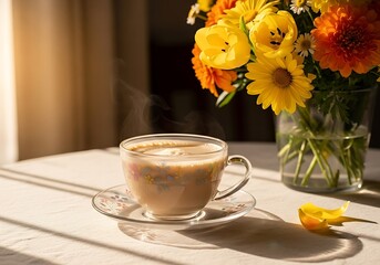 Warm morning light illuminates a steaming cup of coffee beside a vibrant bouquet of flowers