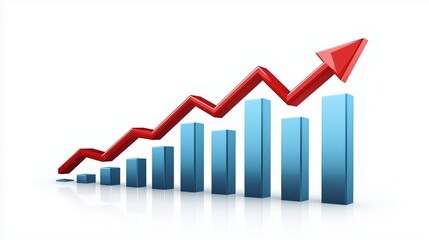 Blue 3D bar chart with an upward arrow on white background.