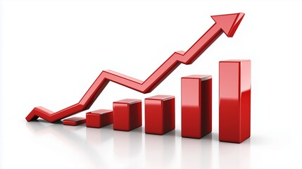 Red 3D bar chart with an upward arrow on white background.