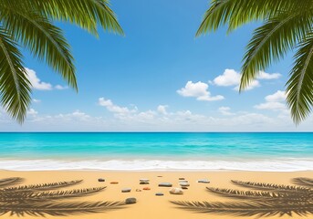 Serene tropical beach vista with palm trees and turquoise ocean under a clear blue sky