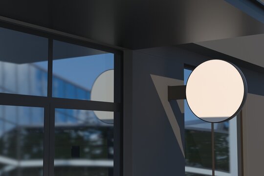 Modern circular sign mockup near contemporary building for branding and advertising display design - Powered by Adobe