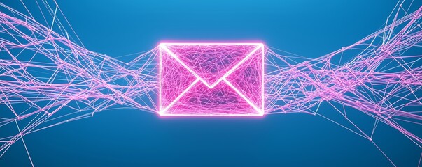 Global Email Network. A glowing email icon at the center, connected to multiple locations worldwide through digital data lines.