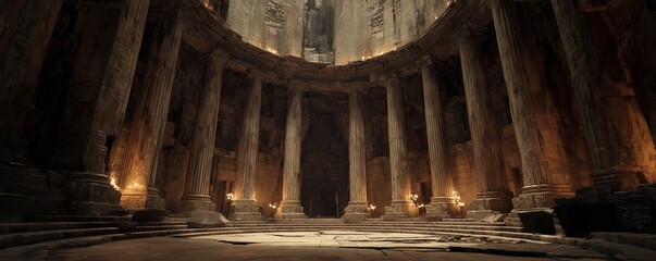 Obraz premium Grand interior view of a ruined temple with massive pillars and fire torches, concept for historical architecture rendering, ancient civilization visualization and dramatic stage design