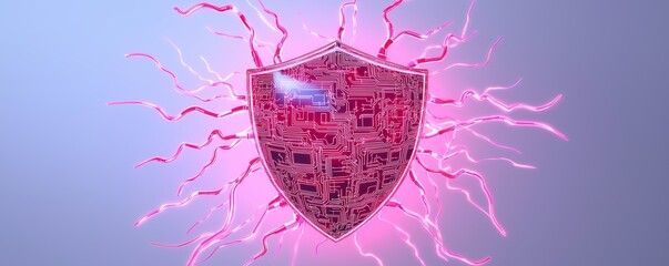 Glowing Digital Shield Against Cyber Attacks. A powerful shield made of digital circuits deflecting incoming hacking attempts, surrounded by swirling data streams.