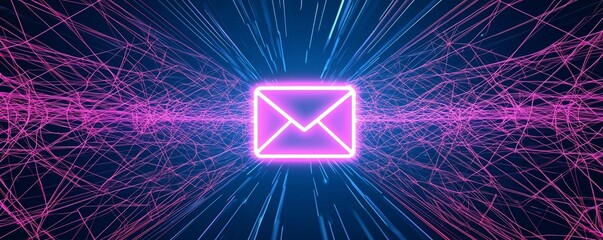 Global Email Network. A glowing email icon at the center, connected to multiple locations worldwide through digital data lines.