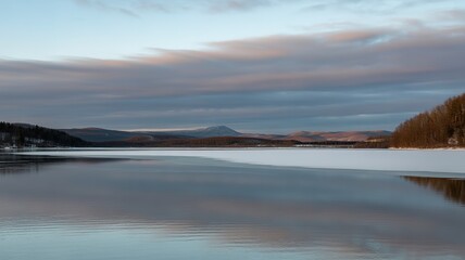 Winter's Embrace: Frozen Lake Edge with Snow and Ice, Reflections and Light