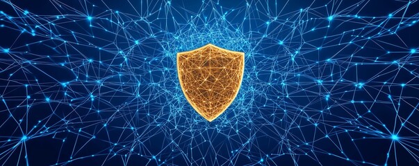Internet Security Shield. A futuristic network grid with a golden cybersecurity shield at the center, safeguarding online transactions and sensitive information.