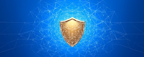 Internet Security Shield. A futuristic network grid with a golden cybersecurity shield at the center, safeguarding online transactions and sensitive information.