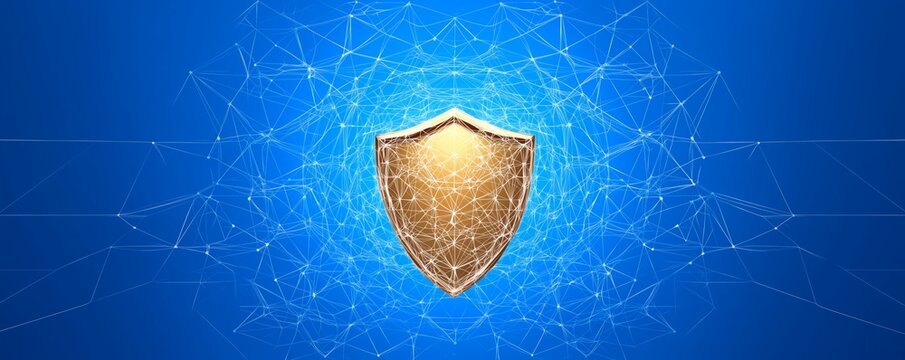 Internet Security Shield. A futuristic network grid with a golden cybersecurity shield at the center, safeguarding online transactions and sensitive information.
