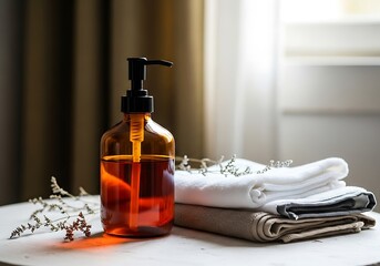 Amber glass dispenser bottle with dark pump sits beside neatly folded white and brown towels