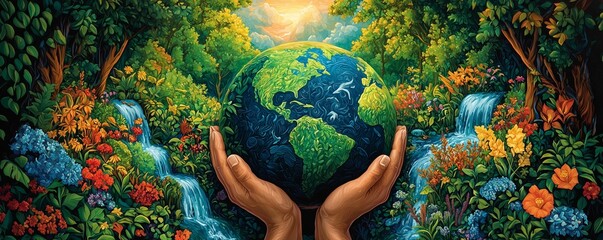 Save the Earth Eco-Friendly. Green planet cradled by two caring hands, surrounded by forests, clean rivers.