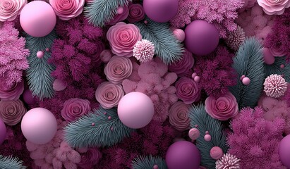 Abstract pink and purple floral background with spheres and pine branches creating Christmas decoration wallpaper design concept.