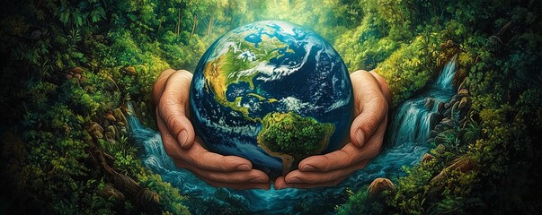 Save the Earth Eco-Friendly. Green planet cradled by two caring hands, surrounded by forests, clean rivers.