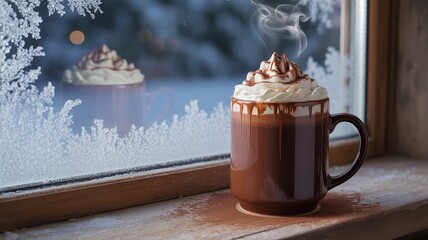 Cozy Winter Warmth: Steaming Hot Chocolate by a Frosted Window on a Cold Day