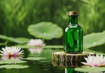 Serene green elixir bottle amidst blooming water lilies in a tranquil pond
