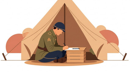 Soldier writes letter home from tent during wartime, expressing longing and hope for peace in a poignant scene.