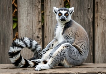 Ring tailed lemur with distinctive black and white striped tail poses against a rustic wooden background