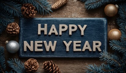 Wooden board with inscription Happy New Year in large letters surrounded by pine cones and Christmas decorations on oak background with blue gold silver color scheme.