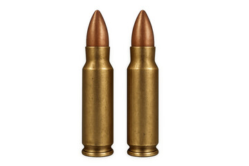Two bullets representing ammunition, symbolizing military power, weaponry, and conflict, isolated on a transparent background
