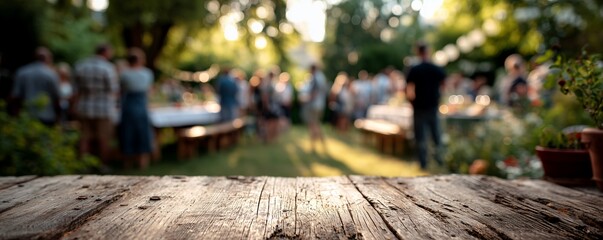 Rustic wooden table foreground with blurry background of garden party with people gathering, concept for outdoor events, summer celebrations and backyard barbecues