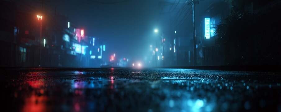 Wet city street at night reflecting colorful neon lights on the asphalt surface, concept for urban exploration, cinematic backgrounds and atmospheric mood