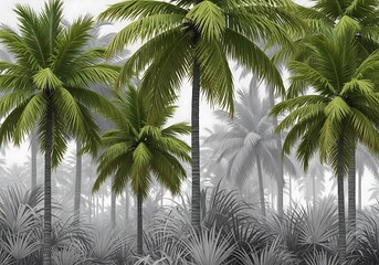 Lush green palm trees stand tall in a misty dreamlike forest landscape