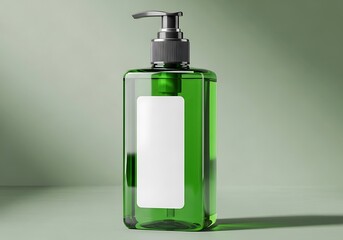 Elegant green glass dispenser bottle with blank label for skincare or soap products